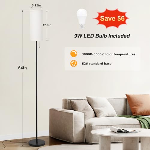 Beige 64-Inch Floor Lamp with 9W LED Bulb & Adjustable Color Temperature