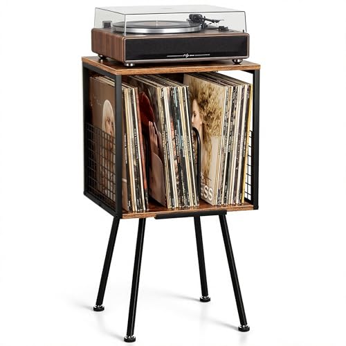 Faesun Rustic Vinyl Record Player Stand with Storage, 15.7''W x 12.6''D x 28.3''H, Display Slot, Holds 100+ LPs