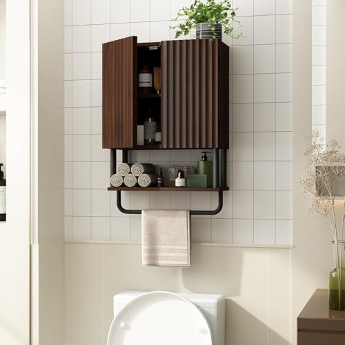 Rustic Wall Mounted Bathroom Cabinet - 2 Doors, 3-Tier Storage, Small Dark Walnut