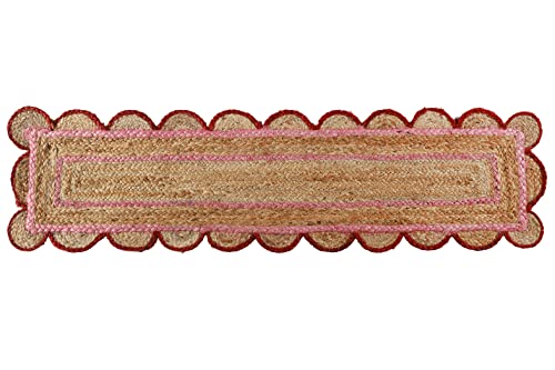 Madhu International Handwoven Jute Table Runner 13x48 Inch with Pink & Red Border, Scalloped Edge, Farmhouse & Boho Decor