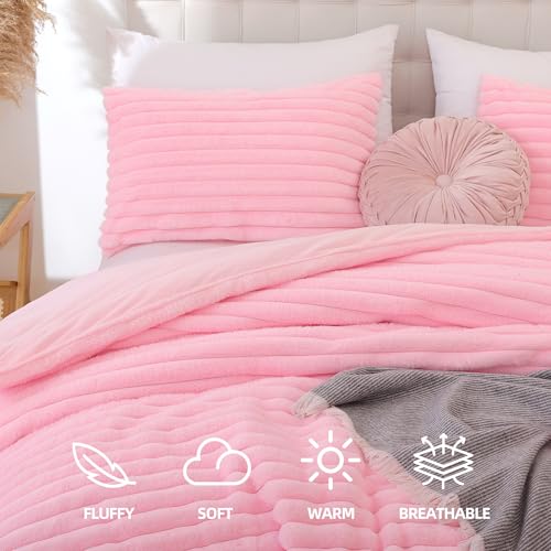 Pink Queen Size Fluffy Comforter Set 3 Pieces - Micro-Mink & Flannel Bedding