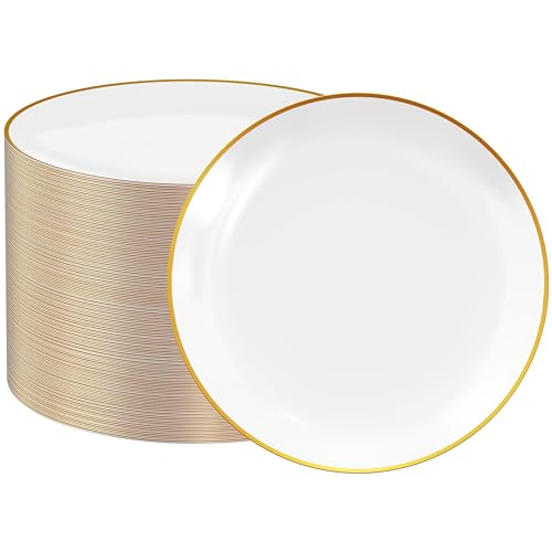 Disposable Plastic Dinner Plates 10.25 Inch Gold Rim - Pack of 100