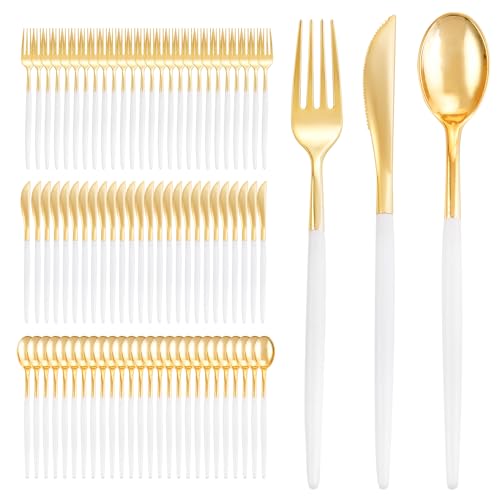 300 Pcs Gold Plastic Silverware Set with White Handles - Disposable Flatware