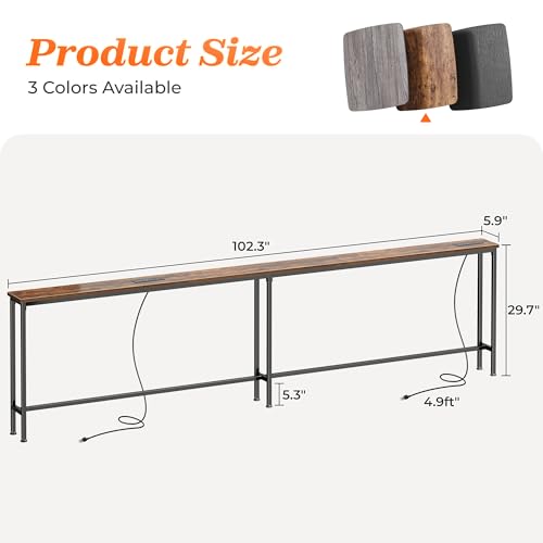 SUPERJARE 102 Inch Rustic Brown Sofa Table with 2 Power Outlets & USB-C Ports - 5.9" Wide