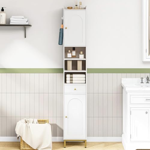 White Tall Bathroom Cabinet with Adjustable Shelves and Drawer - 11 x 11 x 70.9 Inches