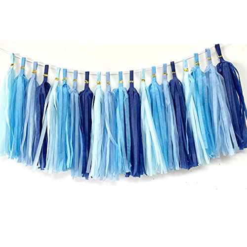 Tissue Paper Tassels Paper Tassels Garland Banner Table Decor Party Tassels Banner Wedding Birthday Baby Shower Nursey Party Decorations Supplies (20, Lt-Blue+Blue+Sky Blue+Royal Blue)