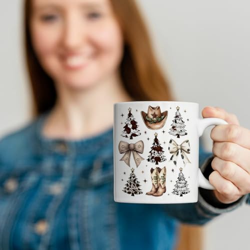 JINYO Coquette Christmas Western Mug - Cow Print Bow Christmas Tree Coffee Cup, Cowboy Hat 11 oz (Christmas Coffee Mug-j)
