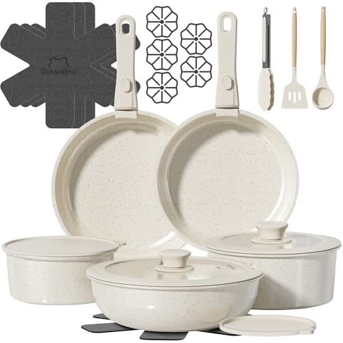 Cream White 23-Piece Non-Stick Pot and Pan Set with Detachable Handles - Space Saving Cookware