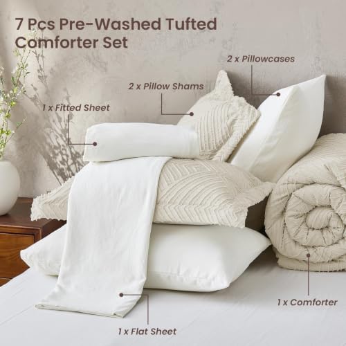 JOLLYVOGUE Queen Comforter Set 7-Piece Boho Tufted Bed in a Bag Beige & White, Queen (88"x88")