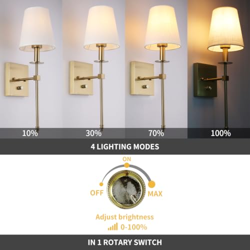 Dimmable Wall Sconces Set of 2 - Gold Modern Bathroom Vanity Lighting Fixtures with On/Off Switch