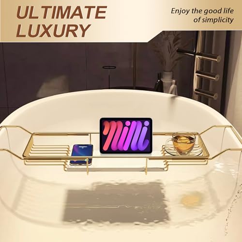 Gold Bathtub Tray with Marble Base - Adjustable Rustproof Bath Caddy for Spa & Relaxation