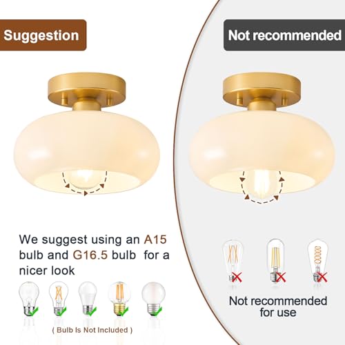 Mid-Century Modern Gold Semi Flush Ceiling Light - 8.66 Inch - White Frosted Glass