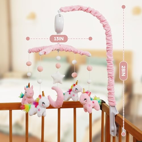 Unicorn Baby Crib Mobile for Girls with 28-Inch Arm & 35 Lullabies, Pink & White