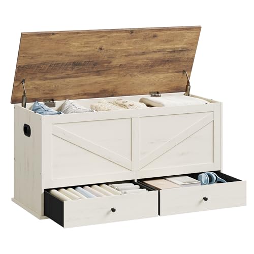Rustic White and Honey Brown Storage Chest with 2 Fabric Drawers - 39.4"W x 19.9"H