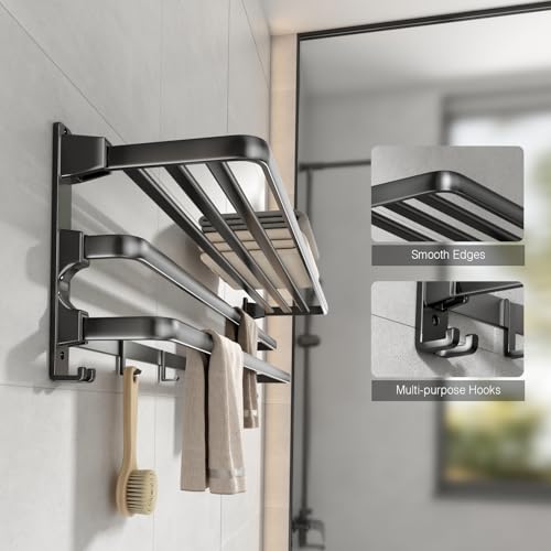 VOLDRA 24-Inch Matte Black Wall-Mounted Towel Rack with 2 Foldable Bars & Hooks