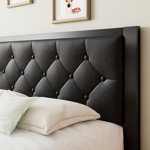 Einhomn Twin Metal Bed Frame with Faux Leather Headboard - Black, 12" Underbed Storage, No Box Spring Needed