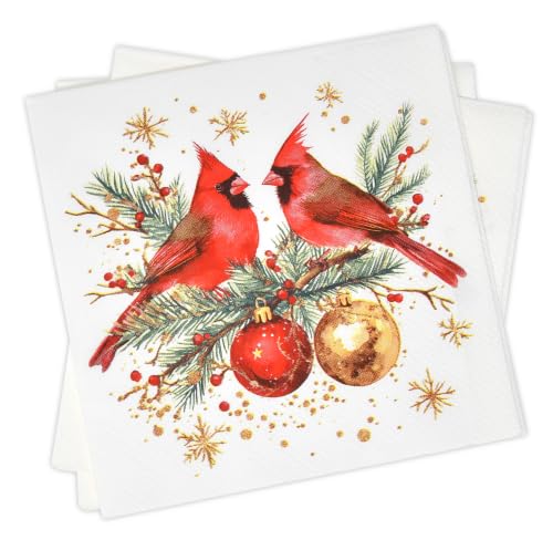 Christmas Cardinal Cocktail Napkins Set of 100, Red Bird & Ornament Design