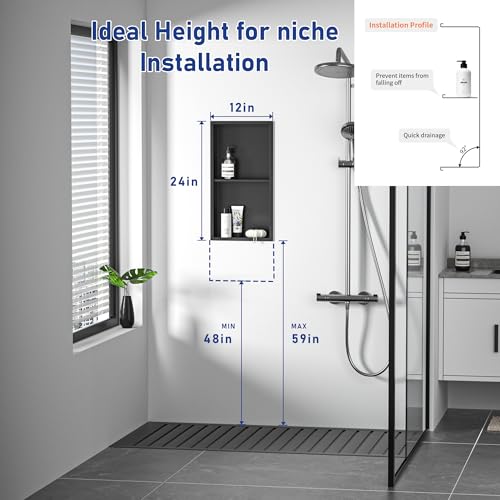 Stainless Steel Shower Niche Matte Black 24x12 with 2-Tier Shelf - Easy Install