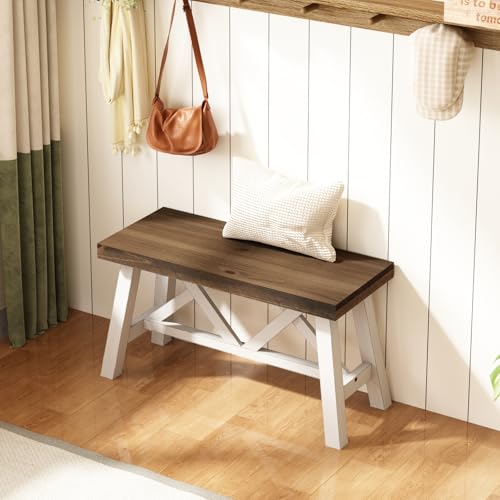 Wnutrees 30-inch White Farmhouse Solid Wood Entryway Bench, Rustic Style
