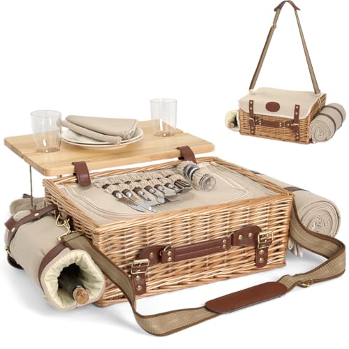 Multifunctional Wicker Picnic Basket Set for 2 with Blanket & Table - Natural Variation