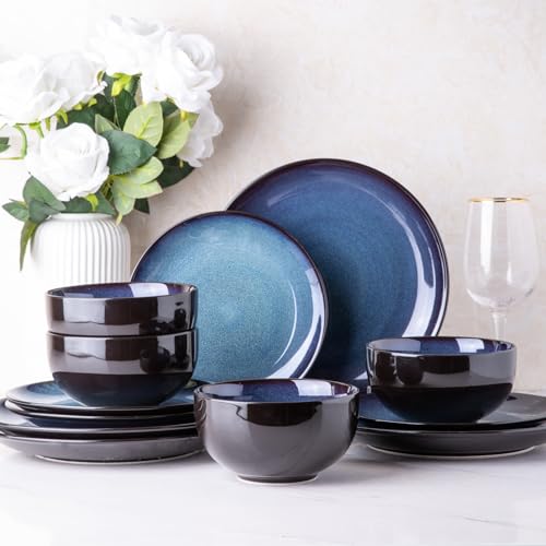 Ceramic Dinnerware Set for 4 - 12 Pieces, Blue, Includes Plates & Bowls - Elegant & Safe