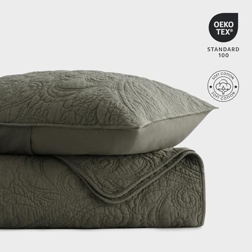 Cotton Paisley Quilt Set Queen Size - Olive Green, Rustic Style, Elegant Design