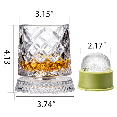 NORIMODA Diamond Cut Spinning Whiskey Glass Set of 4 - 9.5 oz with Rotating Bases & Ice Molds
