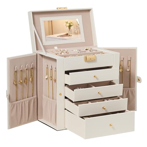 Jewelry Box Organizer 5 Tiers with Mirror & Lock - Cream White, 5-Layer