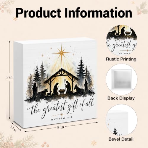 Christian Nativity Wooden Box Sign - Jesus Holiday Decor, 5x5 in