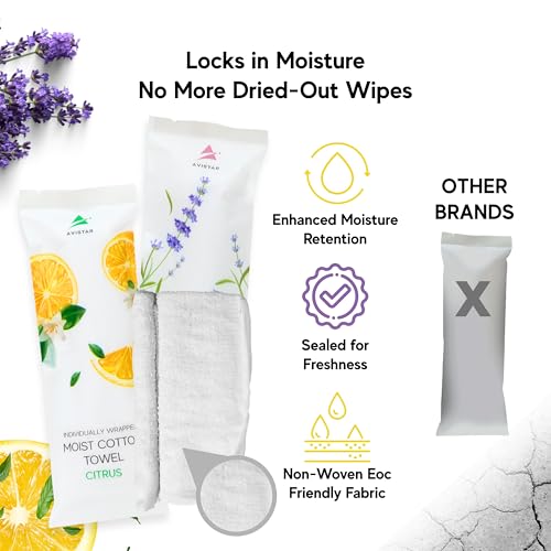 Avistar 60 Count Citrus & Lavender Moist Hand Wipes - Individually Wrapped, Travel-Size, Spa-Feel Refreshing Towelettes for Face & Hands, Disposable, Hot or Cold Use