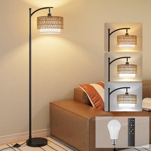 Ambimall Arc Floor Lamp with Remote & Rattan Double Shades - Black Rustic Variation