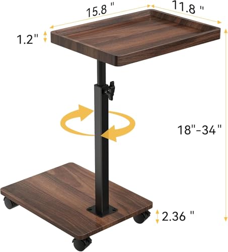 Walnut Brown Adjustable C End Side Table with 360° Swivel & Wheels, Space-Saving Sofa & Bed Snack Table - XNSDXV