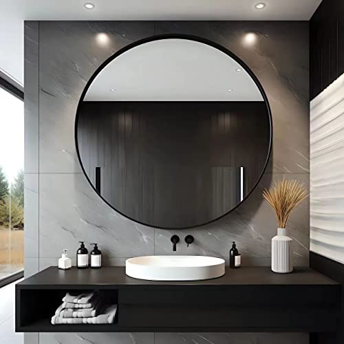 USHOWER 30 Inch Black Bathroom Mirror Over Sink, Round Modern Vanity Mirror, Rust-Resistant Frame, 30" L x 30" W
