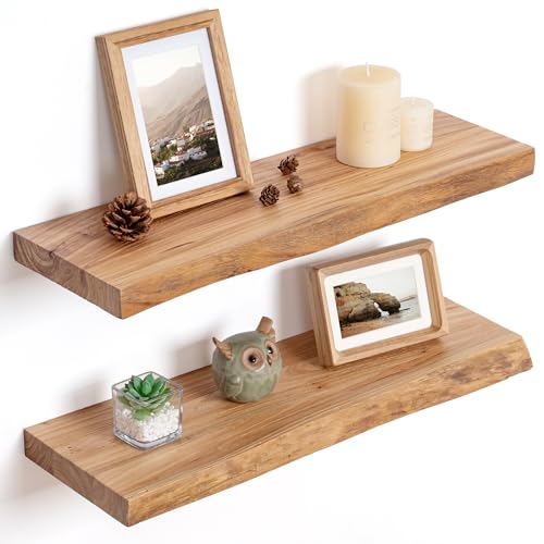 FlyJoe Live Edge Floating Shelves Set of 2 - 24 Inch Natural Elm Wall Decor