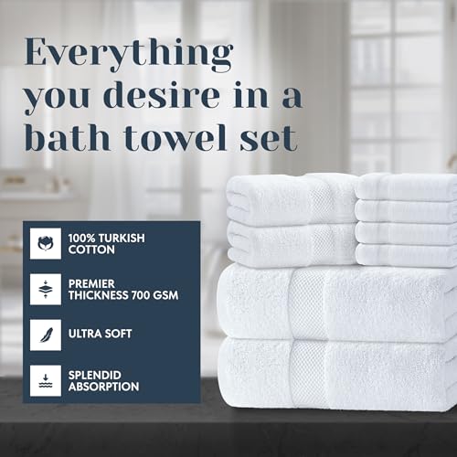 White Classic Luxury 8-Piece Turkish Cotton Bath Towel Set - White, Hotel Collection