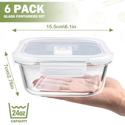 Square Glass Food Storage Containers with Lids - 24 oz, 6 Pack