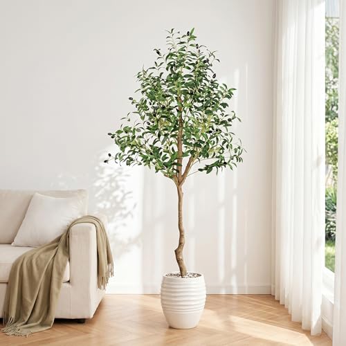 6ft Artificial Olive Tree with Pot - Faux Indoor Tree, Realistic Greenery, Easy Assembly, Perfect for Home & Office Decor (Soft Green / 1)