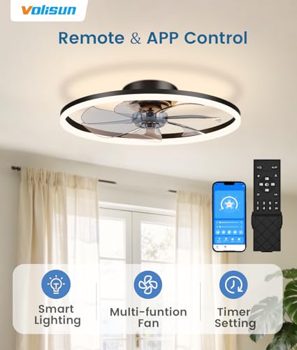 20 Inch Black Low Profile Ceiling Fan with Light and Remote - Dimmable LED Flush Mount Fan for Bedroom