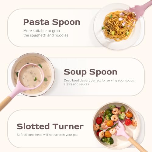 Silicone Kitchen Utensils Set 39 Pcs with Wooden Handles - Heat Resistant BPA-Free Pink