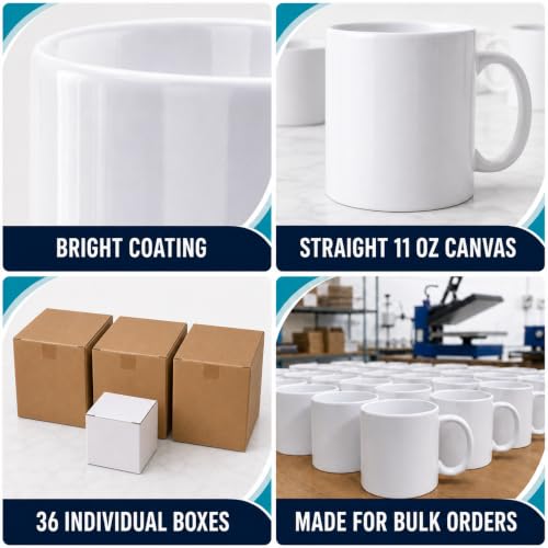 11oz White Sublimation Ceramic Coffee Mugs Pack of 36 with Individual Boxes - Heat Press DIY