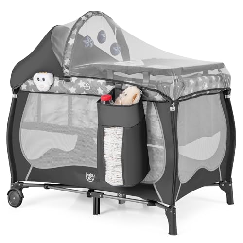 Baby Joy 4-in-1 Portable Baby Playard with Canopy & Changing Table - White Star