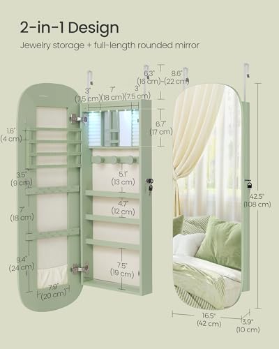 SONGMICS Laurel Green LED Wall Jewelry Cabinet & Mirror 42.5" H - Modern Wall-Mounted Organizer with Rounded Corner Mirror