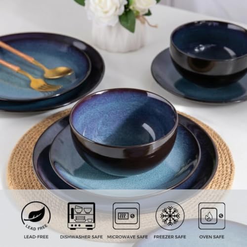 Ceramic Dinnerware Set for 6 - 18Pcs Porcelain Plates & Bowls, Dreamy Moonlight Blue