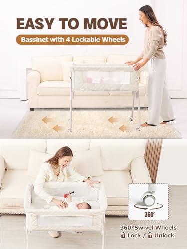 Baby Bassinet Bedside Sleeper with Crib Sheet & Wheels - Cream