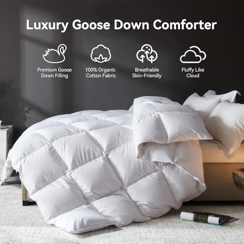Queen All-Season Goose Feather Down Comforter - Luxury Hotel-Grade Bedding