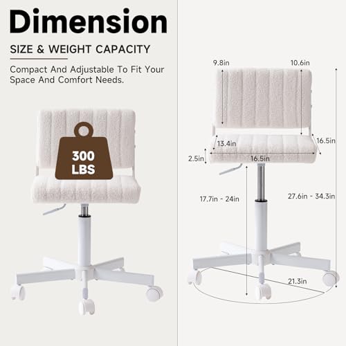 White Office & Vanity Chair with Wheels - Adjustable, Plush Seat for Small Spaces