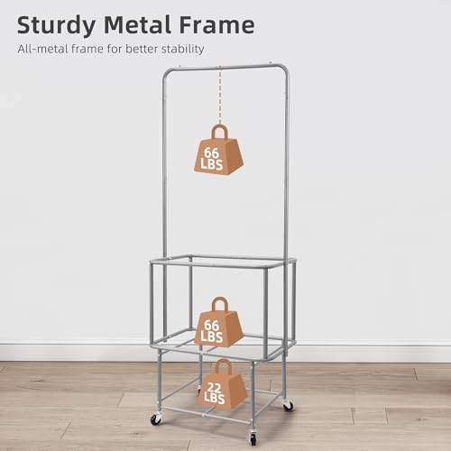 Laundry Cart with Hanging Bar & Storage Shelf - Beige, 110L, 3-in-1