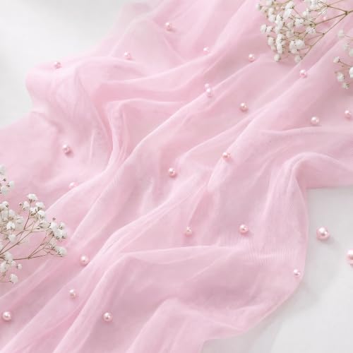 Pink Pearl 10ft Table Runner Tulle Gauze with Pearls - 27x120 inches, Soft Pink