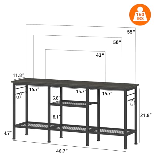 Furologee TV Stand with Open Shelves and Hooks - Black Oak, 47 Inch