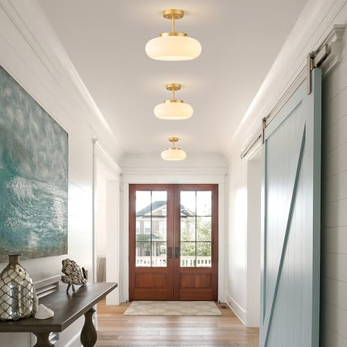 WOKNOS Mid-Century Gold Semi Flush Ceiling Light 12.6 Inch with Adjustable Downrod